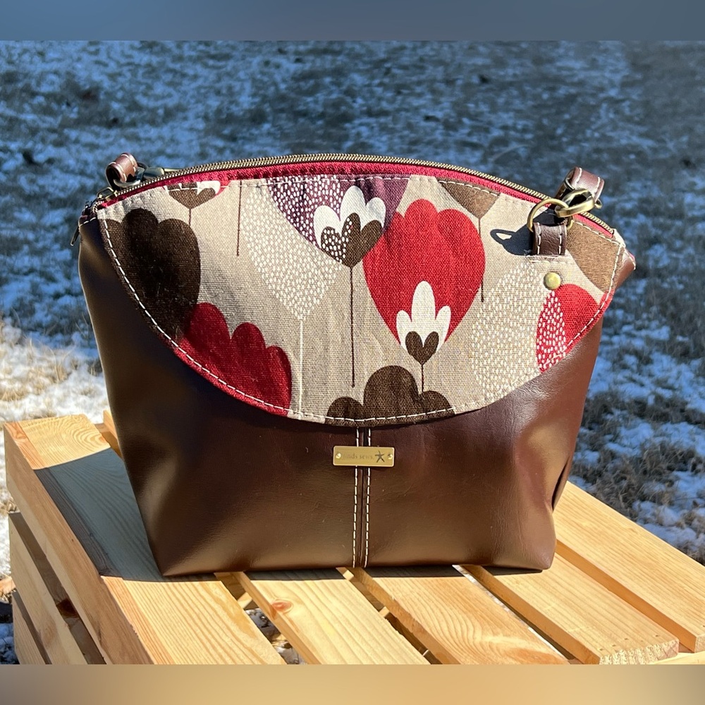 Brown and Red Floral Japanese Canvas and Brown Faux Leather Crossbody Bag